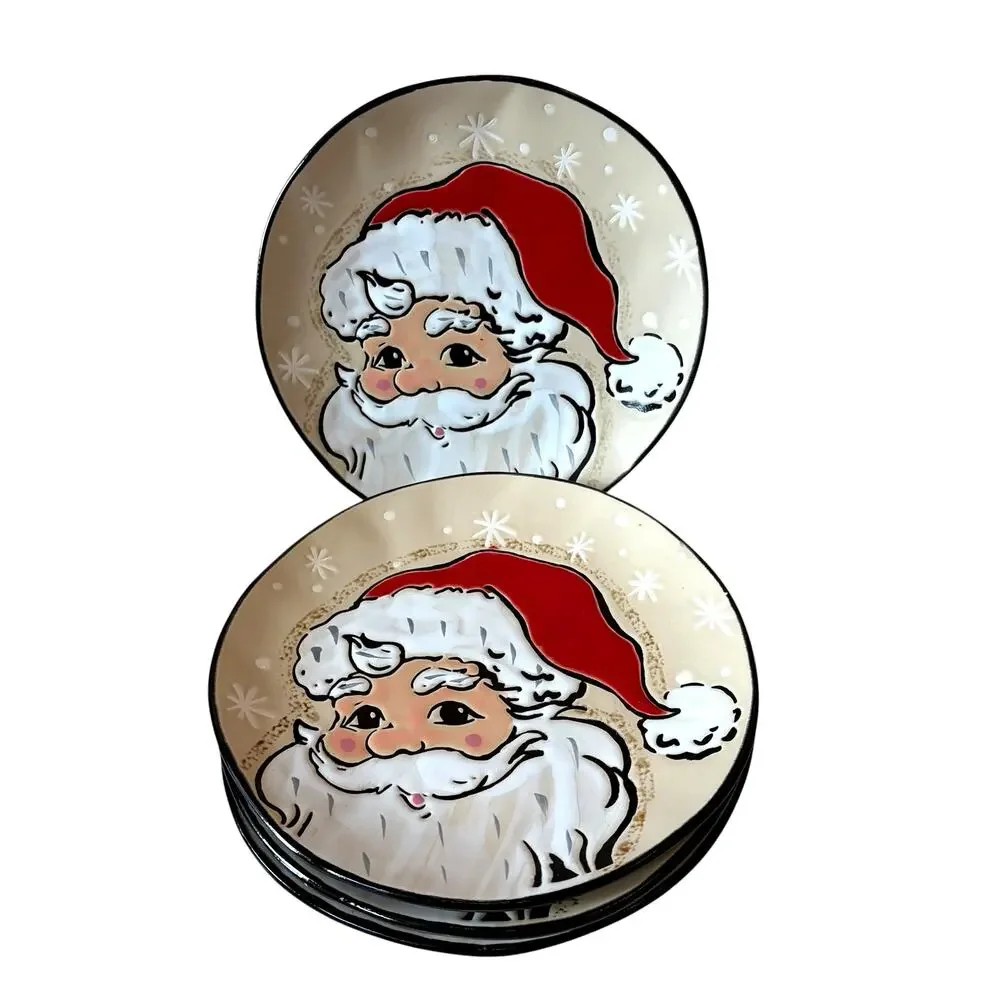 Eli + Ana Sammy Vintage Santa Salad Plates 4pc 8in Ceramic Christmas Holiday NEW